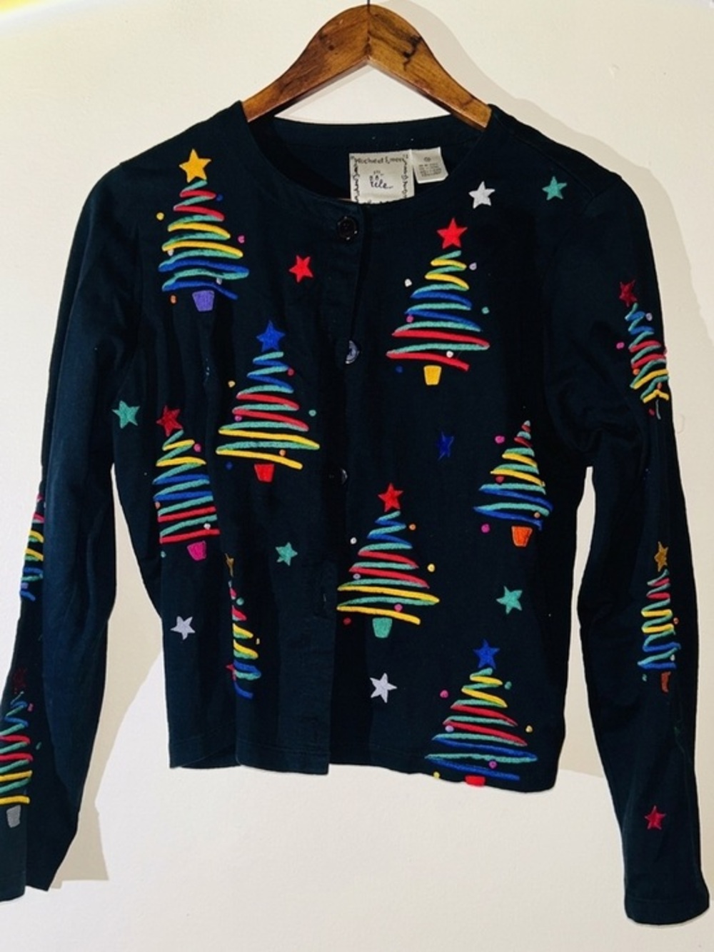 VTG Michael Simon Lite Black Cardigan Rainbow Ribbon Christmas Trees SIZE MEDIUM - Picture 1 of 3